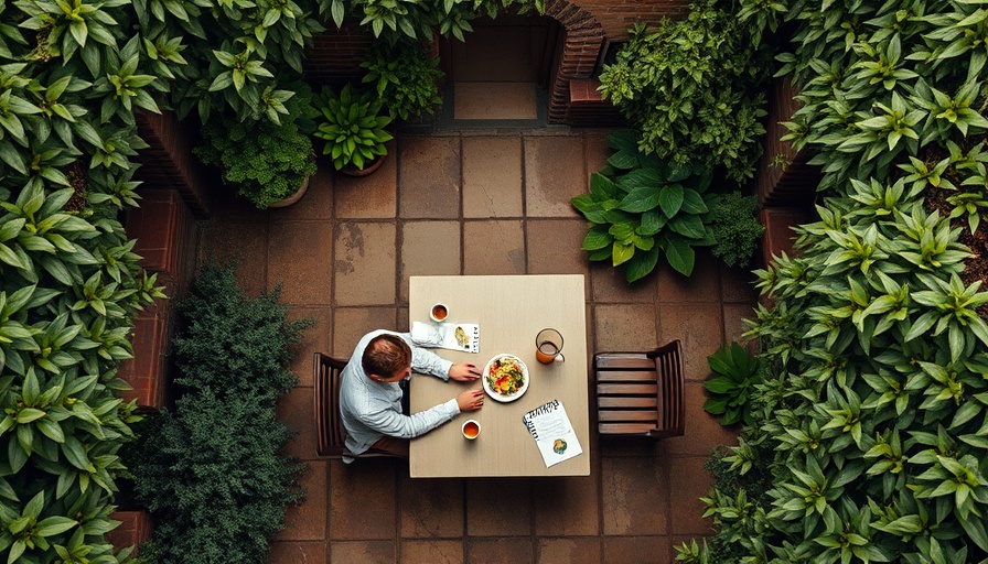Serene garden setting with a couple dining, designed by Berman Horn Studio.