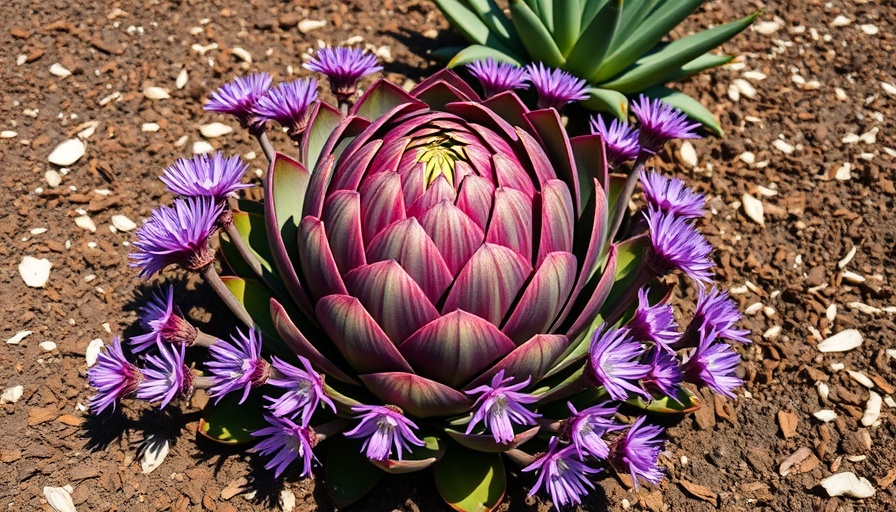 Artichoke Agave bloom in a colorful garden setting.