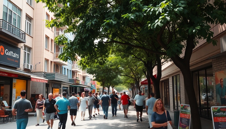Street tree stewardship in urban sidewalk with pedestrians.