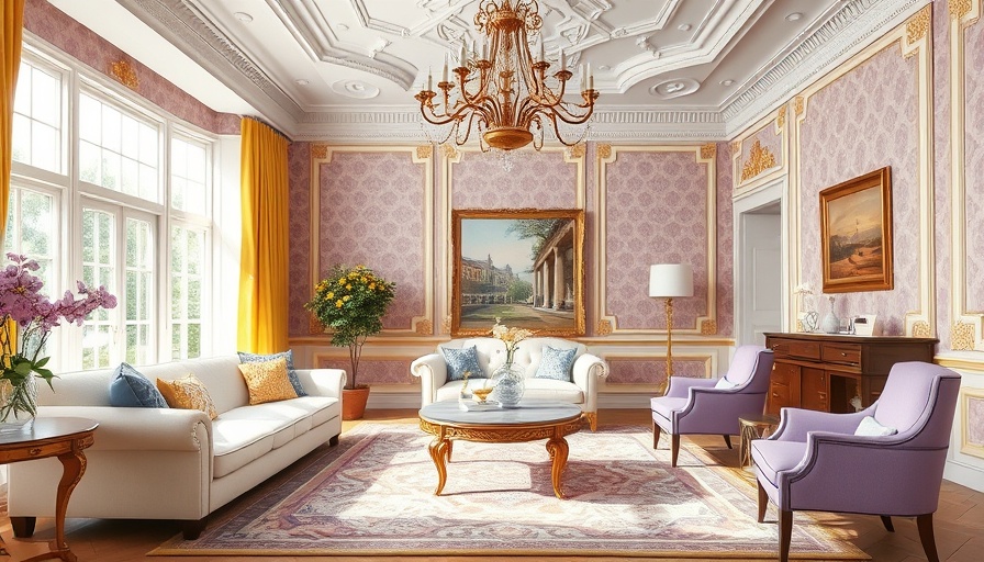 Elegant living room with lavender decor and ornate chandelier, Unico HVAC System for Older Homes.