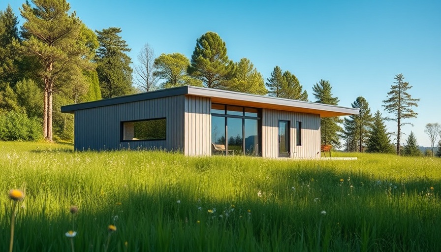 Modern minimalist summer home in a serene meadow with wildflowers.