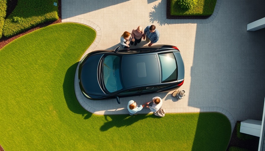 Aerial view of family in driveway with recording overlay, home insurance spying visual.