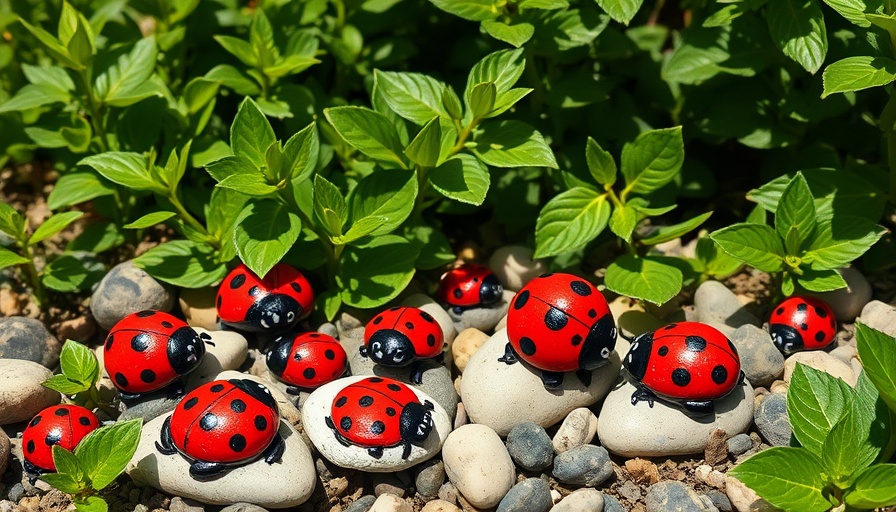 DIY lawn decor ideas with ladybug rocks in a garden.