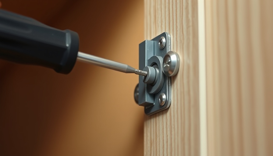 Close-up of adjusting cabinet doors with a screwdriver inside a hinge.
