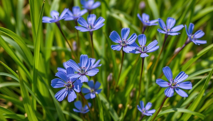 Blue-eyed grass flowers in lush green foliage, vibrant and blooming.