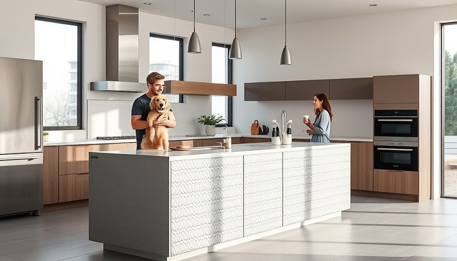 Modern kitchen featuring a Vipp aluminum island with a couple and pet.