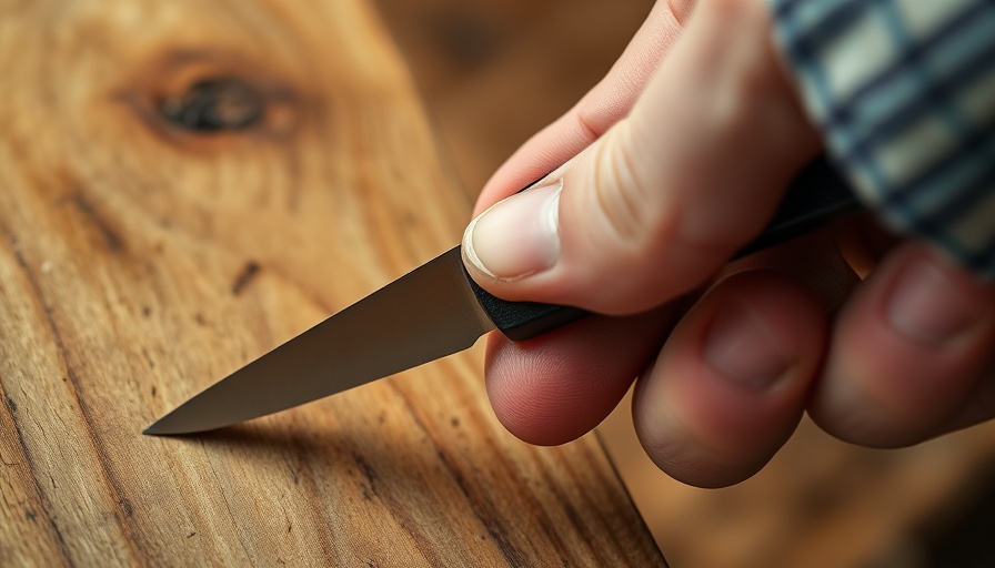 Hand using sharpening tool on wood surface, focusing on technique.