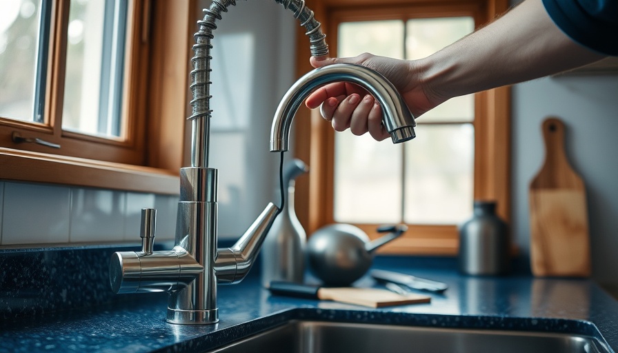 Fix a leaky kitchen faucet with tools on counter and hand adjusting lever.