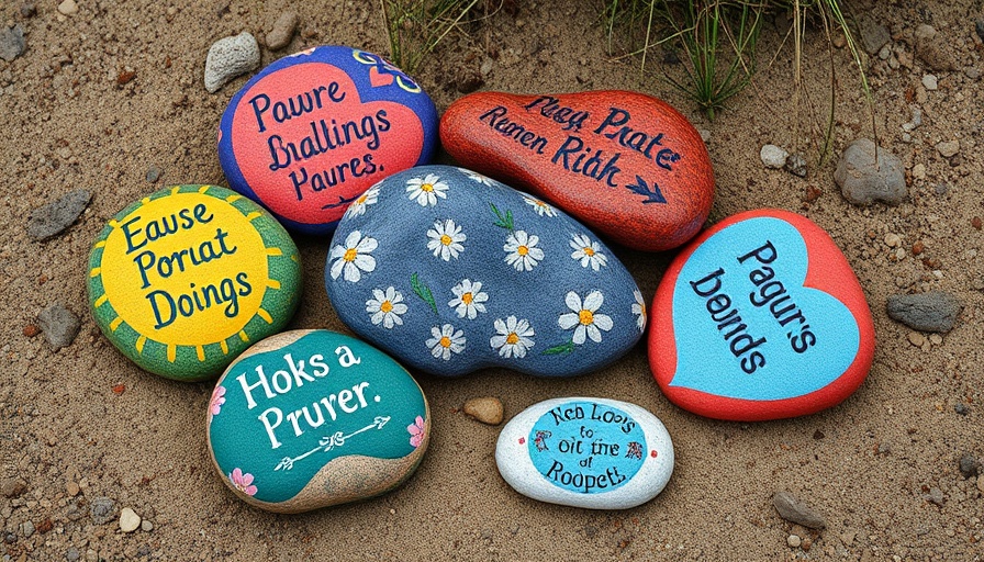 Glow in the Dark Garden Rocks with vibrant designs and quotes on sand.