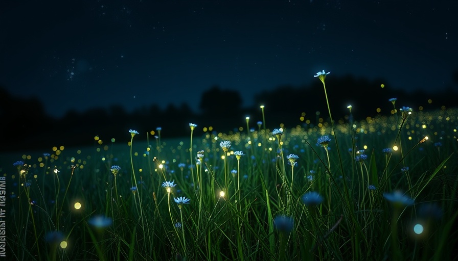 Fireflies illuminating a meadow at night with blue flowers.
