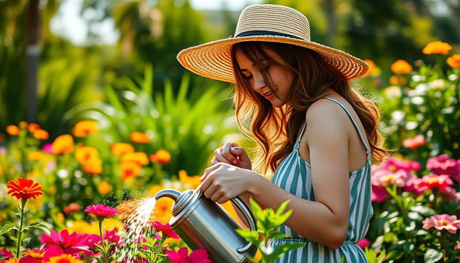 Young woman watering garden in late spring, lush greenery.