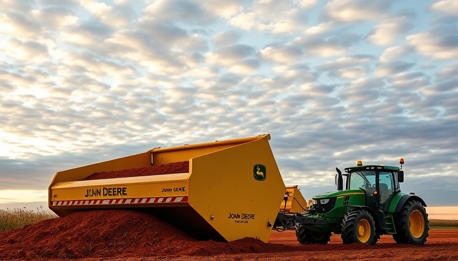 Large John Deere pull-type scraper filled with red soil.