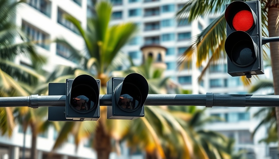Horizontal traffic light in tropical setting with palm trees.