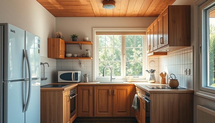 Cozy kitchen with wooden cabinets and large window in peach kitchen makeover.
