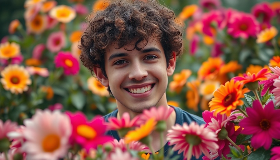 Young man smiling in vibrant garden, Gardening Insights from Arthur Parkinson.