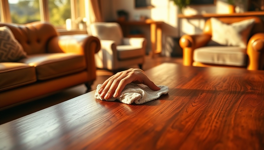 Coffee table makeover hack: cleaning a wooden table in a cozy living room.