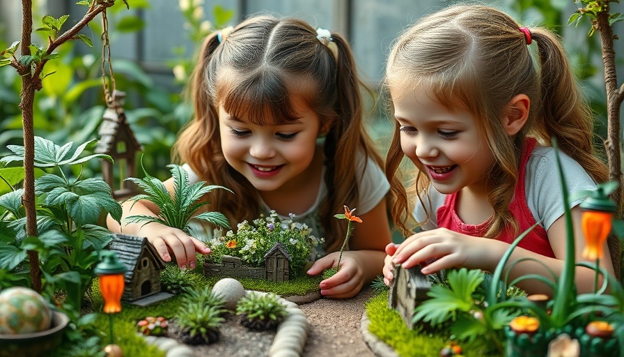 Children exploring a fairy garden with miniature features and moss.