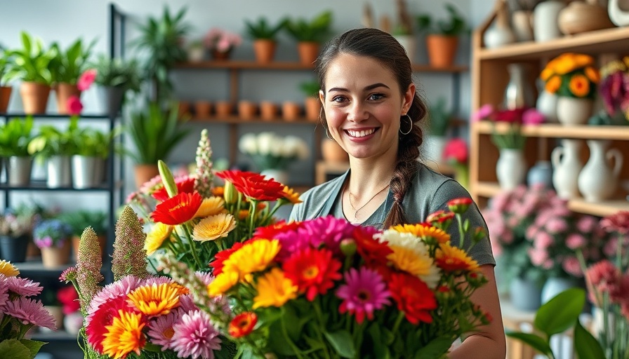 Young florist arranging flowers in America's oldest florist shop.