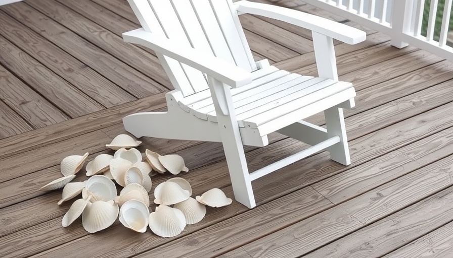 Deck scene with chair and razor clam shells for decor inspiration.