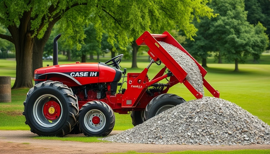 Modern Case IH Farmall C utility tractor unloading gravel in a park.