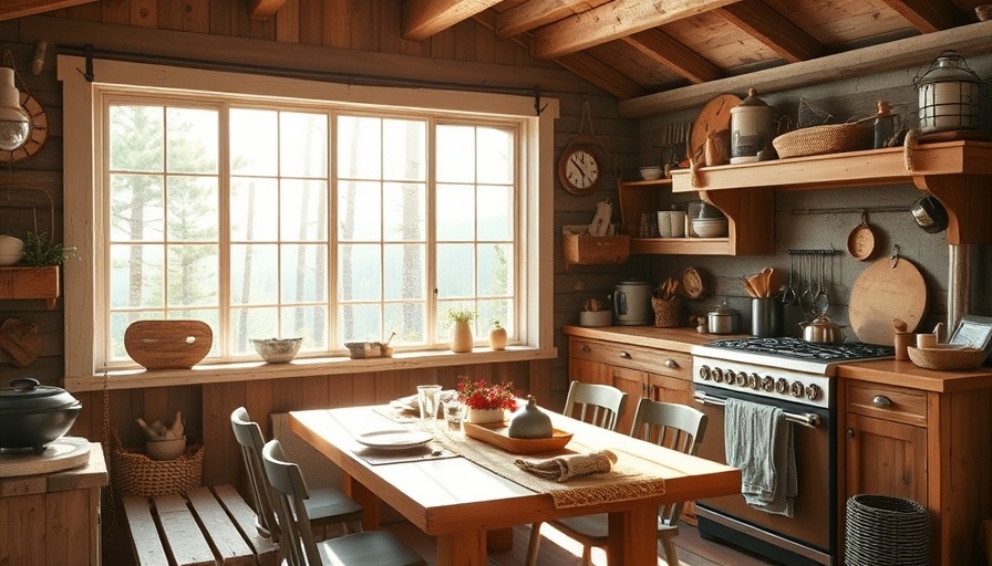 Rustic summer kitchen in former lobster shack with nautical decor.