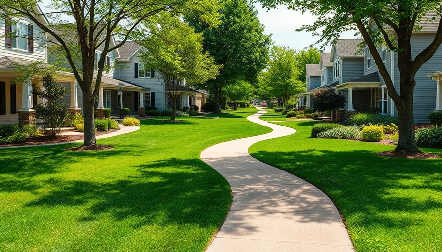 Suburban hardscaping vs landscaping ratio with lawn and sidewalk.