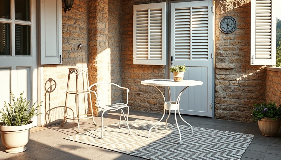 Charming rustic patio with patterned indoor/outdoor plastic rug.