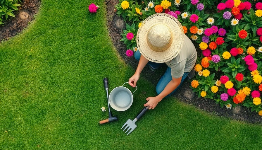 Gardener working on summer home maintenance projects in a colorful garden.