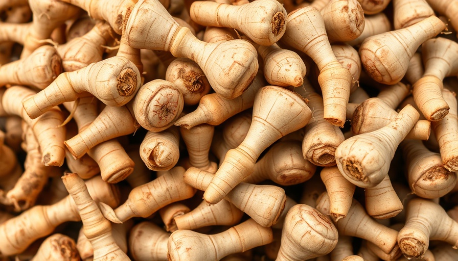Close-up of freshly harvested horseradish roots.