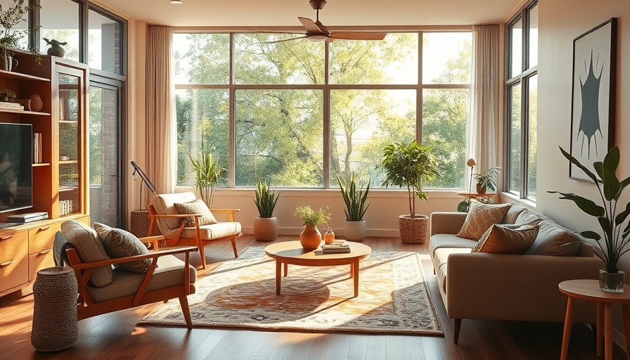 Cozy mid-century modern living room with outdoor living design trends.