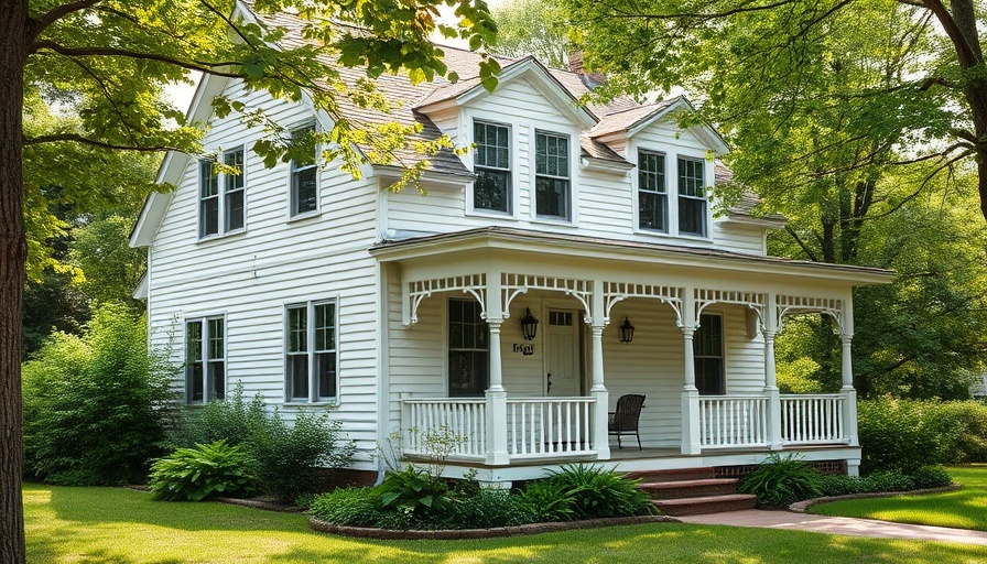 Vintage white house with vinyl siding and lush garden.