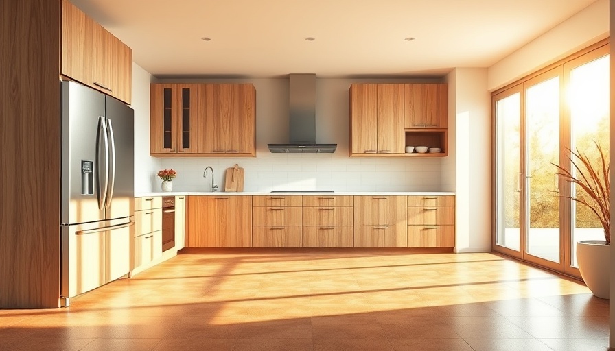 Bright airy kitchen with terracotta tiles and wooden cabinets.
