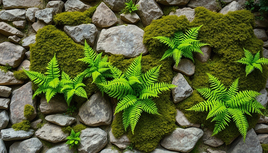 Vibrant ferns growing on a dry stone wall, showcasing habitat sustainability.