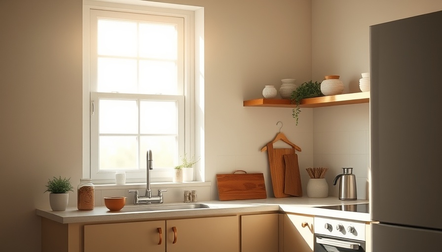 Minimalist kitchen with natural light streaming, summer tranquility.