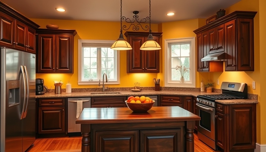 Traditional kitchen with dark cabinets and yellow walls, under warm lights.