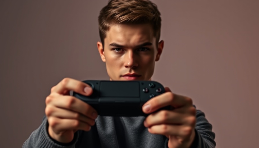 Young man holding Backbone Pro game controller with focus and intensity