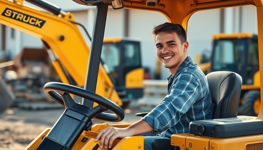 Smiling operator on yellow Struck mini dozer, industrial yard setting.