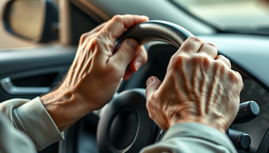 Senior hands on steering wheel emphasizing driving safety.
