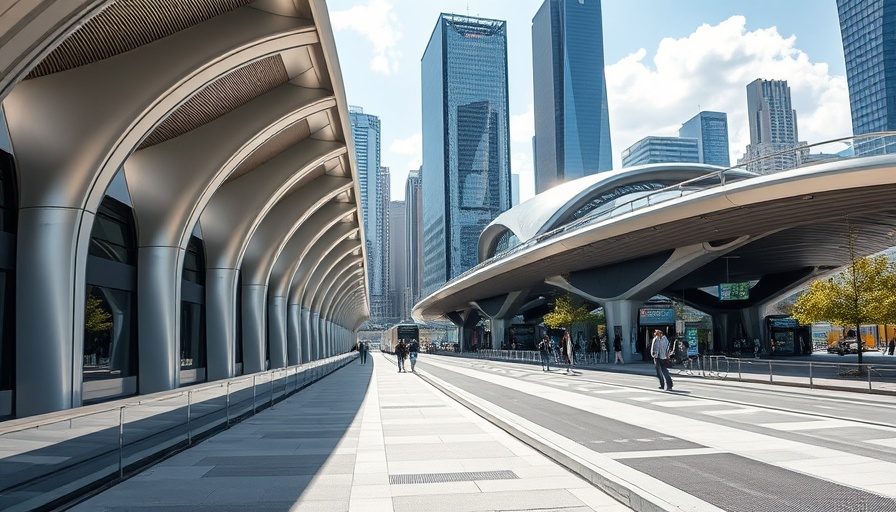 Futuristic NYC bus terminal redevelopment design in urban setting.