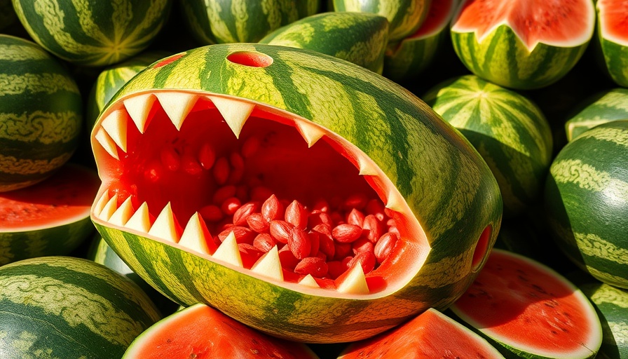 Shark Week garden snacks: Watermelon carved as shark, bright setting.
