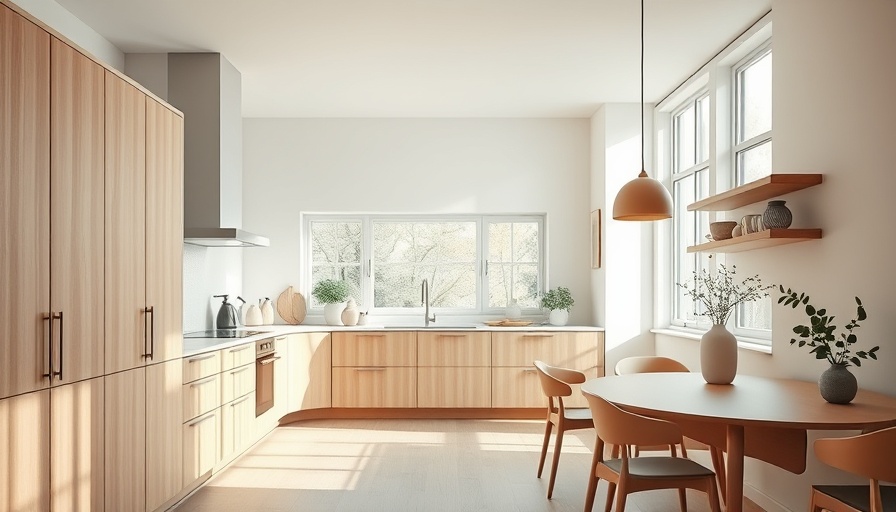 Modern Scandinavian kitchen with wooden cabinetry in light-filled space.