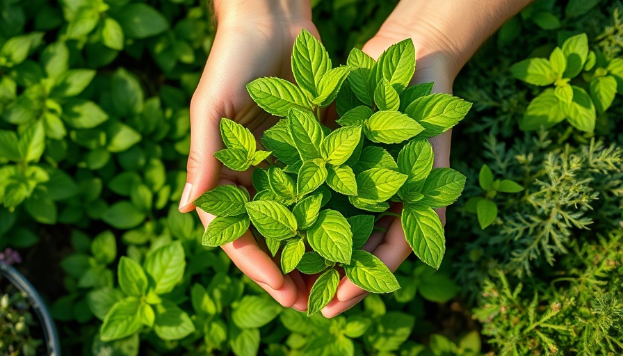 Person harvesting lemon balm leaves in a lush herb garden.