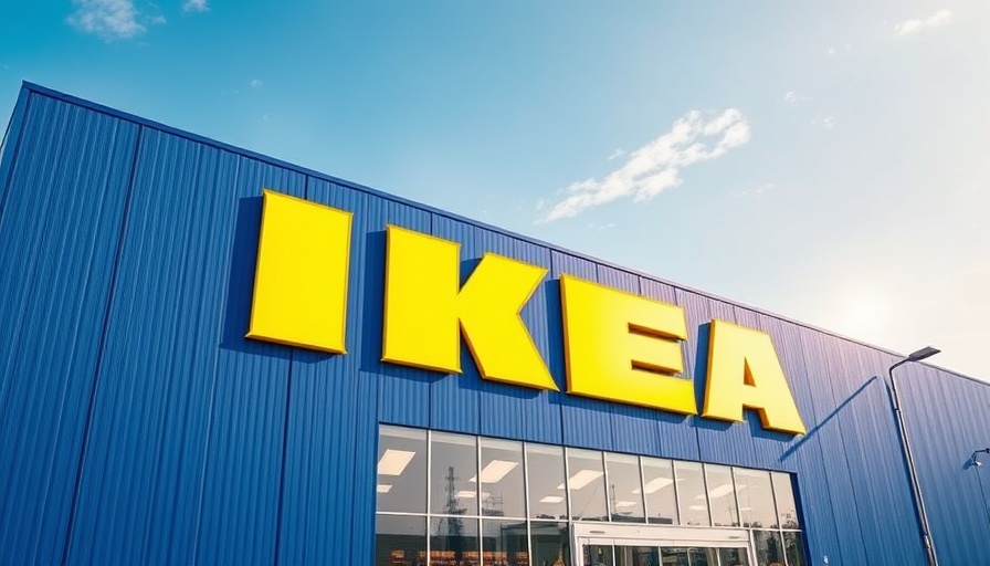Exterior of IKEA store with bold yellow sign and blue sky