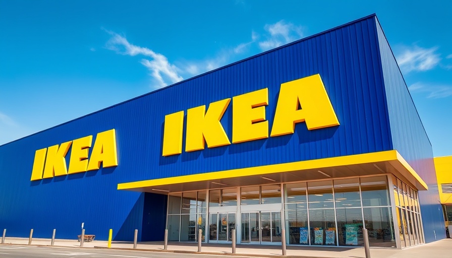 Vibrant IKEA storefront, striking yellow logo on blue wall, modern architecture.