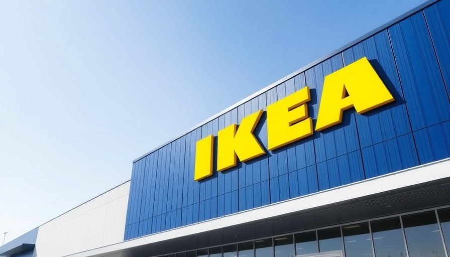 Modern IKEA exterior with blue facade and large yellow logo.