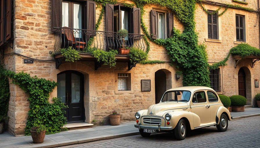 Charming outdoor living space design with rustic elements and vintage car.