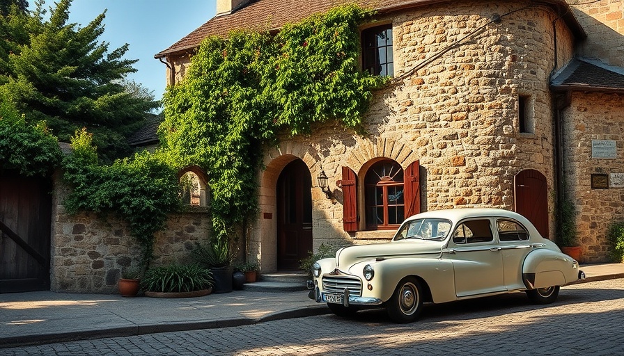 Charming rustic house with ivy and vintage car on cobblestone street, Hot Spell Outdoor Living Tips.