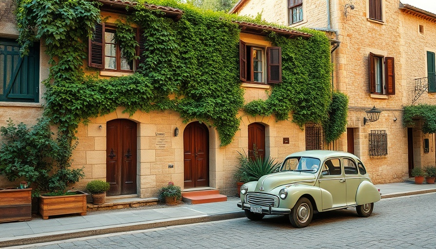 Rustic stone house with ivy and vintage car, ideal for hot spell home improvement.