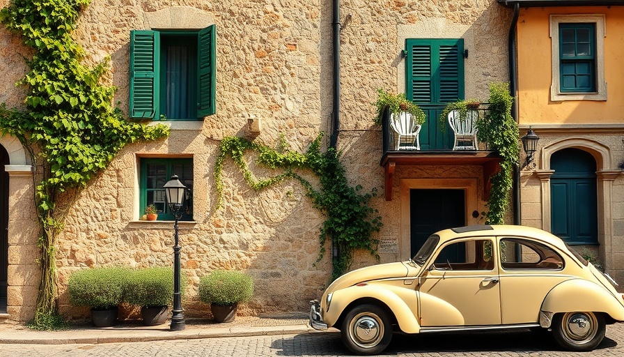 European street with stone building and vintage car.