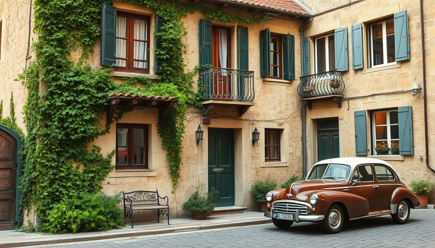 Rustic house with ivy and vintage car exemplifies outdoor living design trends.